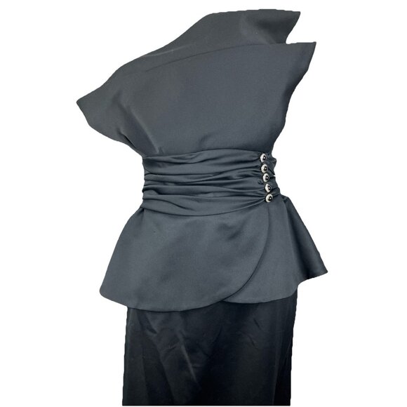 L Vintage 80s Victor Costa Origami Peplum Black Cocktail Dress - Picture 2 of 5